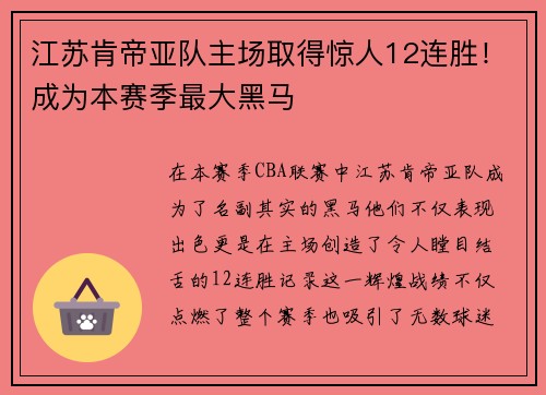 江苏肯帝亚队主场取得惊人12连胜！成为本赛季最大黑马